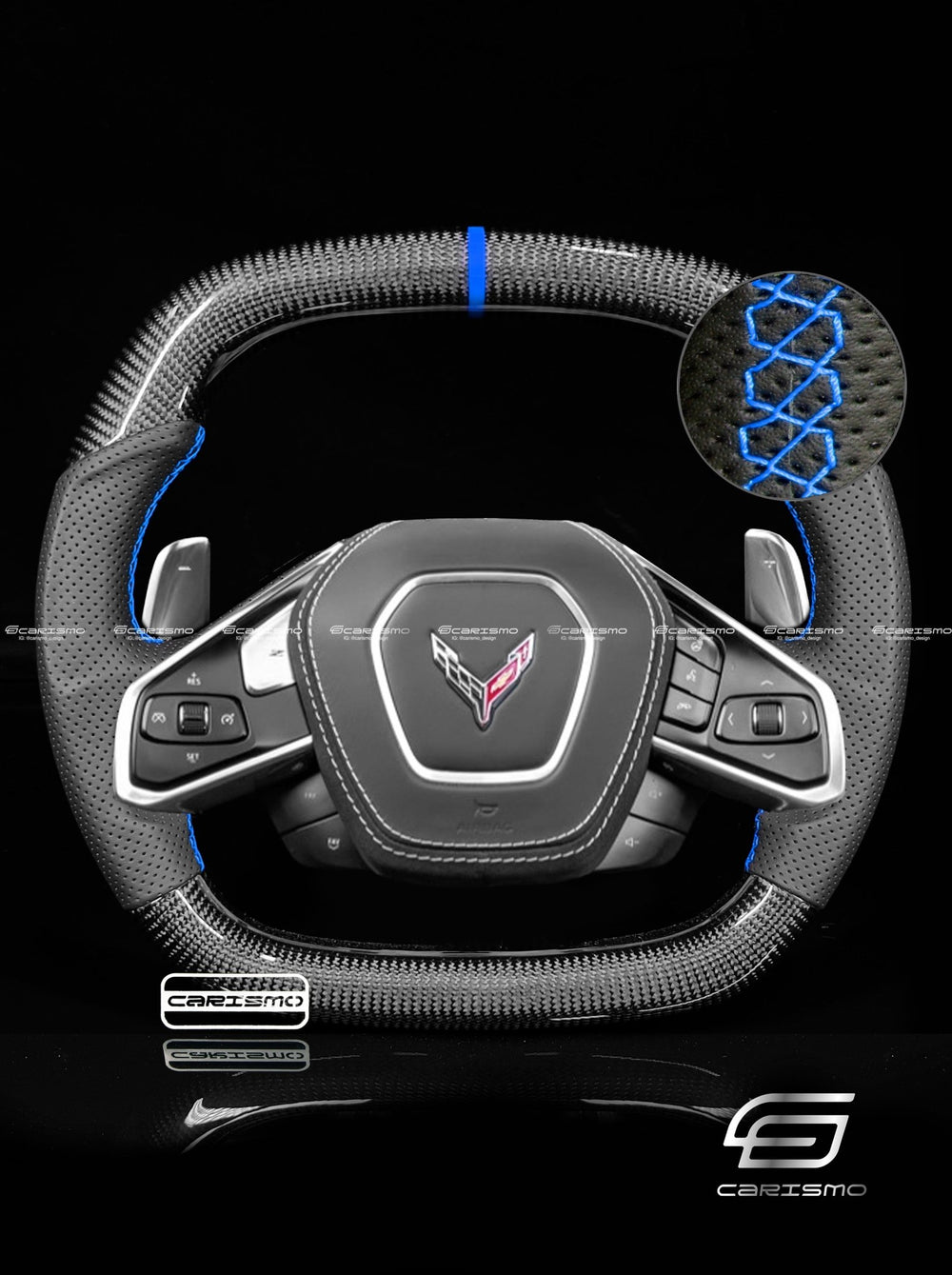 Carismo Steering Wheel For Chevrolet Corvette (C8) - Signature - Gloss Carbon - Perforated Leather - Blue