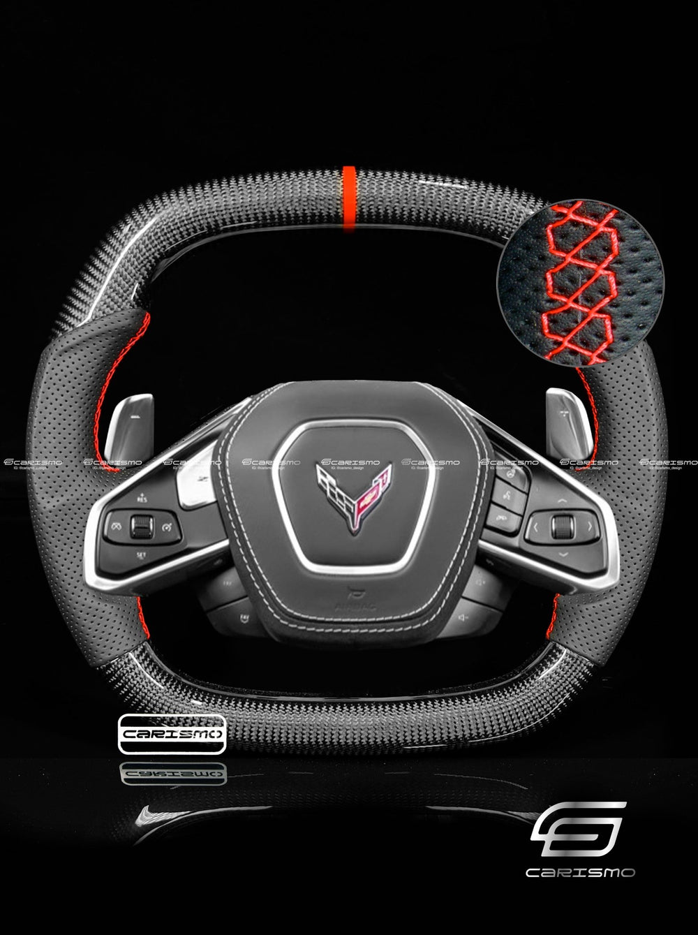 Carismo Steering Wheel For Chevrolet Corvette (C8) - Signature - Gloss Carbon - Perforated Leather - Red