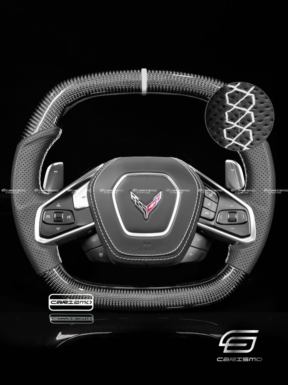 Carismo Steering Wheel For Chevrolet Corvette (C8) - Signature - Gloss Carbon - Perforated Leather - White