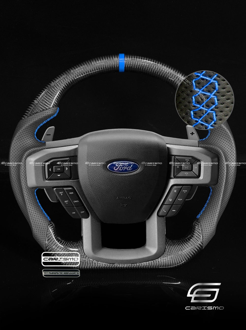 Carismo Steering Wheel For Ford F-150 Raptor (Gen 2) - Sport - Gloss Carbon - Perforated Leather - Blue
