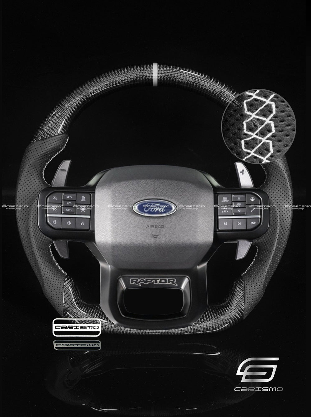Carismo Steering Wheel For Ford F-150 Raptor (Gen 3) - Sport - Gloss Carbon - Perforated Leather - White
