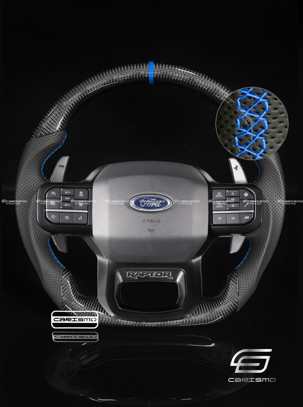 Carismo Steering Wheel For Ford F-150 Raptor (Gen 3) - Sport - Gloss Carbon - Perforated Leather - Blue