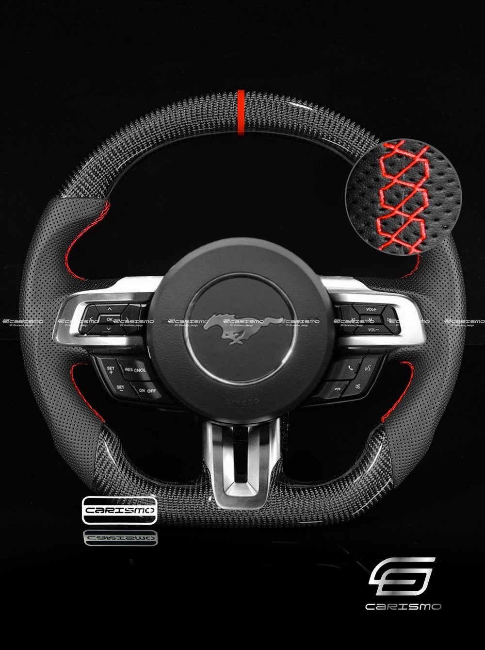 Carismo Steering Wheel For Ford Mustang (S550 2018 Refresh) - Sport - Gloss Carbon - Perforated Leather - Red