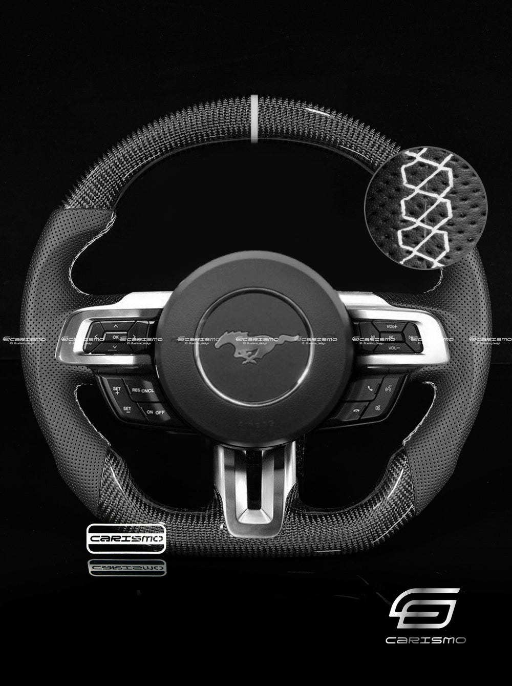 Carismo Steering Wheel For Ford Mustang (S550 2018 Refresh) - Sport - Gloss Carbon - Perforated Leather - White