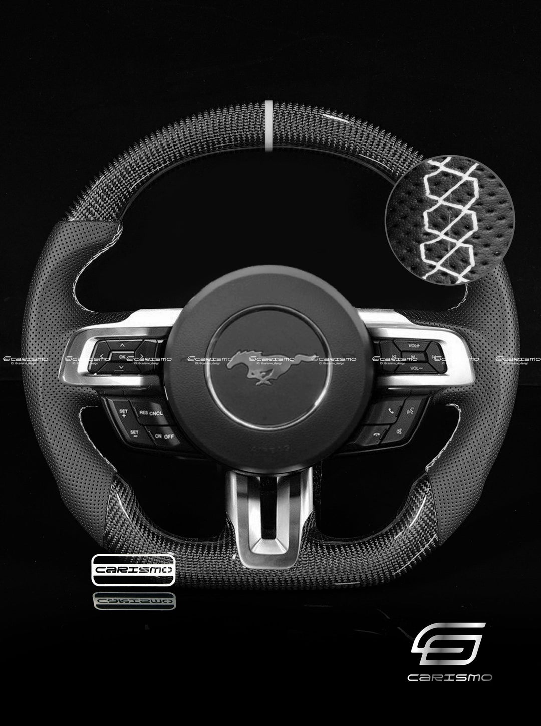 Carismo Steering Wheel For Ford Mustang (S550 2018 Refresh) - Sport - Gloss Carbon - Perforated Leather - Carismo