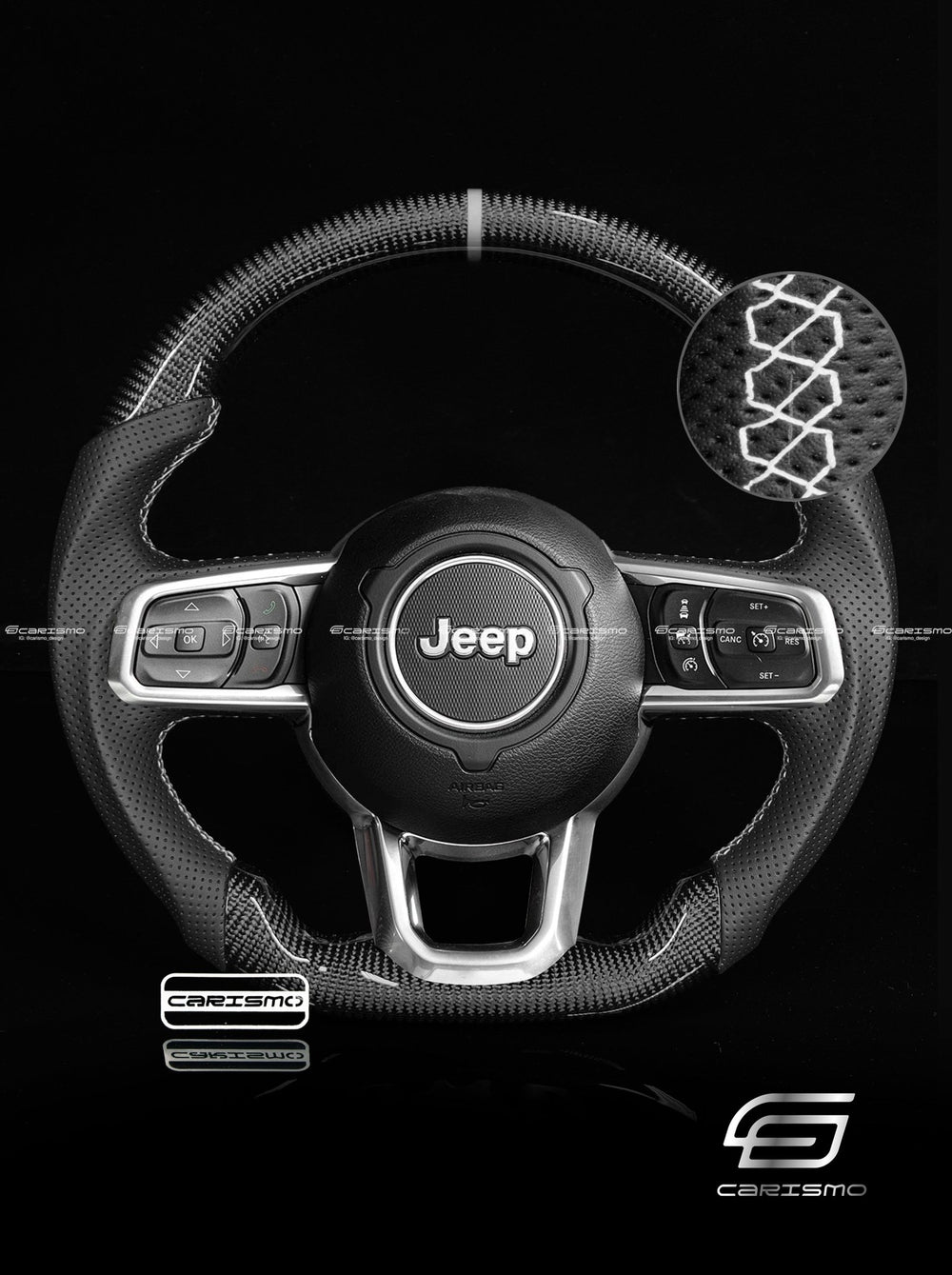 Carismo Steering Wheel For Jeep Wrangler (JL) - Sport - Gloss Carbon - Perforated Leather - White