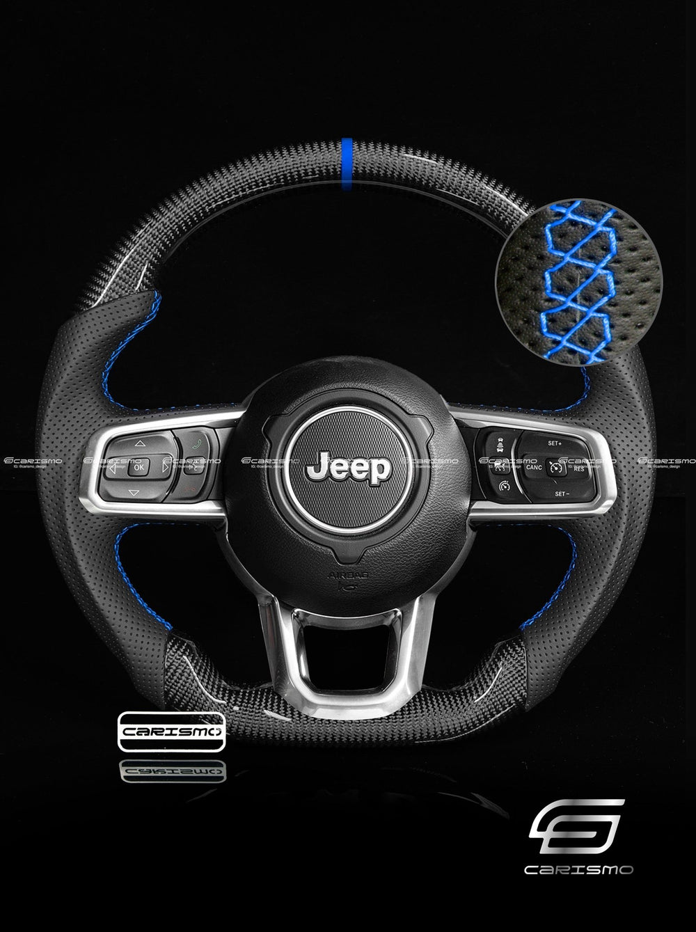 Carismo Steering Wheel For Jeep Wrangler (JL) - Sport - Gloss Carbon - Perforated Leather - Blue