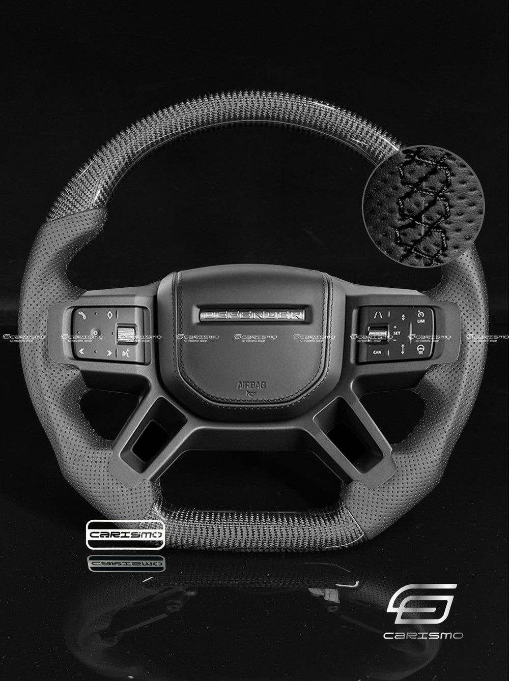 Carismo Steering Wheel For Land Rover Defender (L663) - Sport (Heated) - Gloss Carbon - Perforated Leather - Black