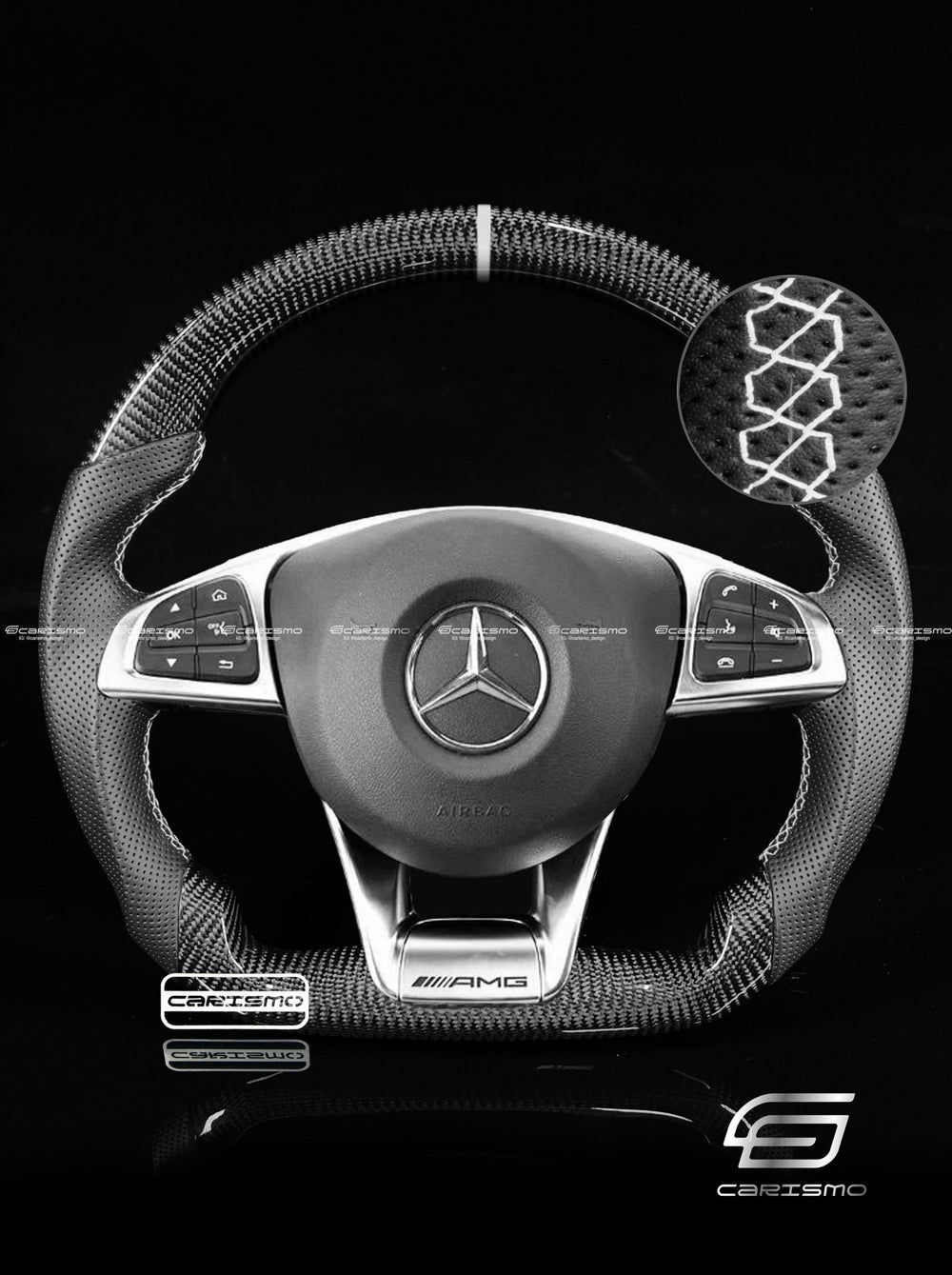 Carismo Steering Wheel For Mercedes/AMG (2016 AMG Performance Wheel) - Sport - Gloss Carbon - Perforated Leather - White