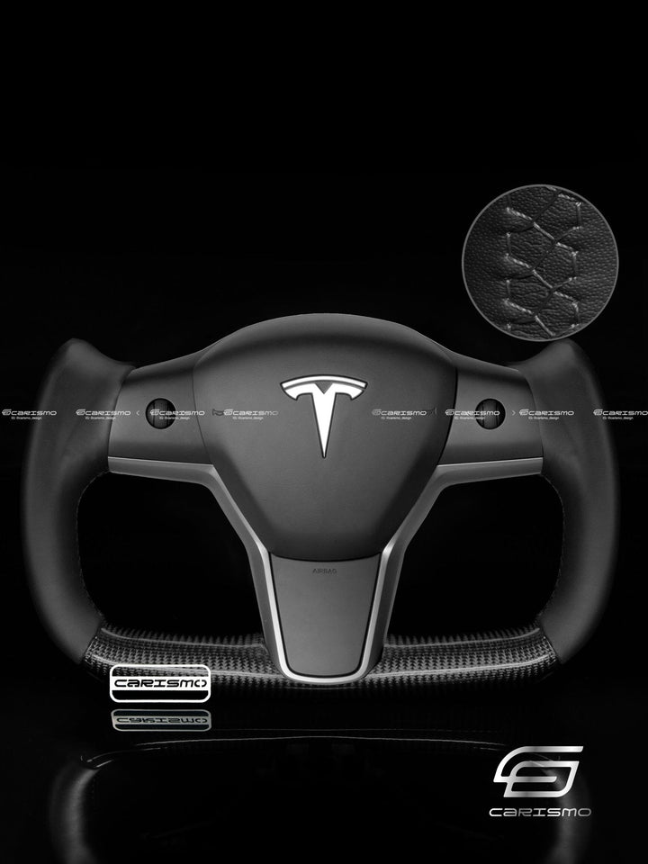 Carismo Steering Wheel For Tesla Model 3/Y - Yoke-Style (Heated) - Gloss Carbon - Smooth Leather - Black