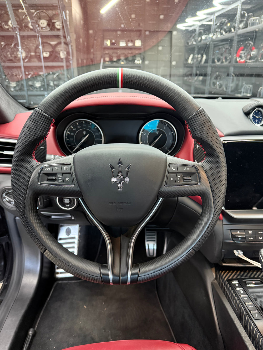 [Made to Order] Maserati Quattroporte - OEM Shape - Matte Carbon - Perforated Leather - Red Stitching - Italian Flag Colors Stripe