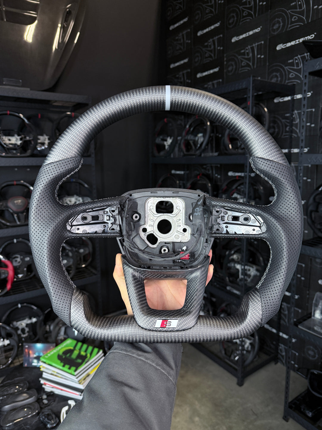 [Media/Test] Audi (B9.5 Wheel) - Sport - Matte Carbon - Perforated Leather - Grey Stitching - Grey Stripe