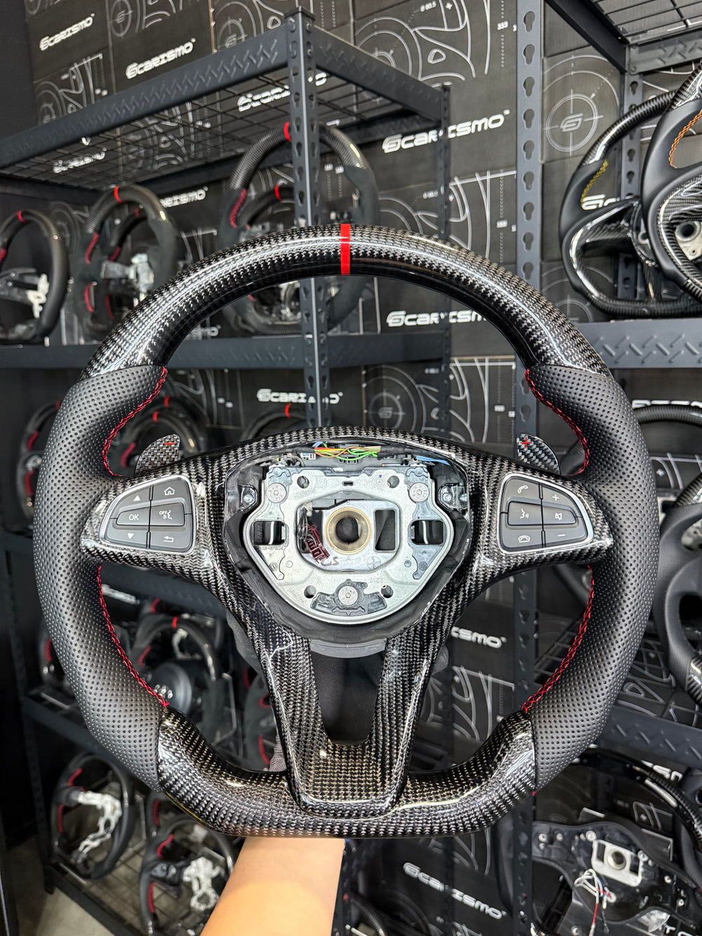 [Made to Order] Mercedes/AMG (2020 AMG Performance Wheel) - Sport - Gloss Carbon - Smooth Leather - Red Stitching - Red Stripe