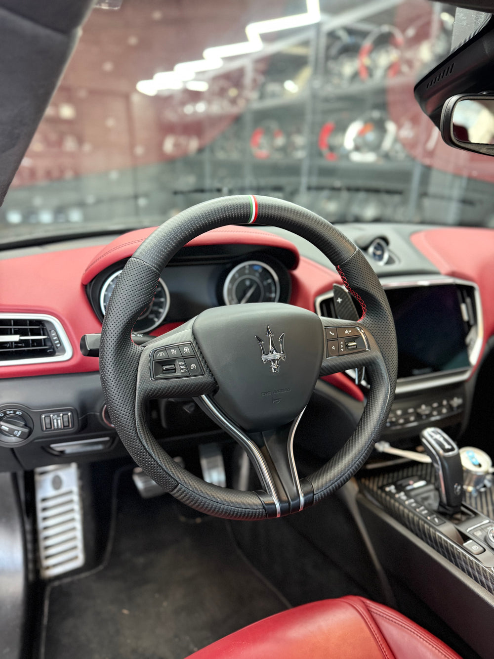 [Made to Order] Maserati Quattroporte - OEM Shape - Matte Carbon - Perforated Leather - Red Stitching - Italian Flag Colors Stripe