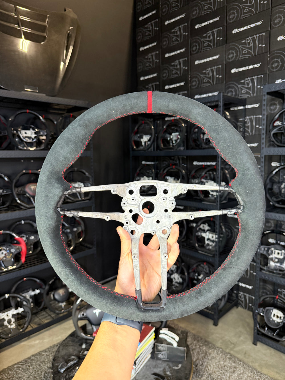 [Made to Order] Porsche (992.1 Wheel) - OEM Shape - (Full Alcantara) Alcantara - Alcantara - Red Stitching - Red Alcantara Stripe