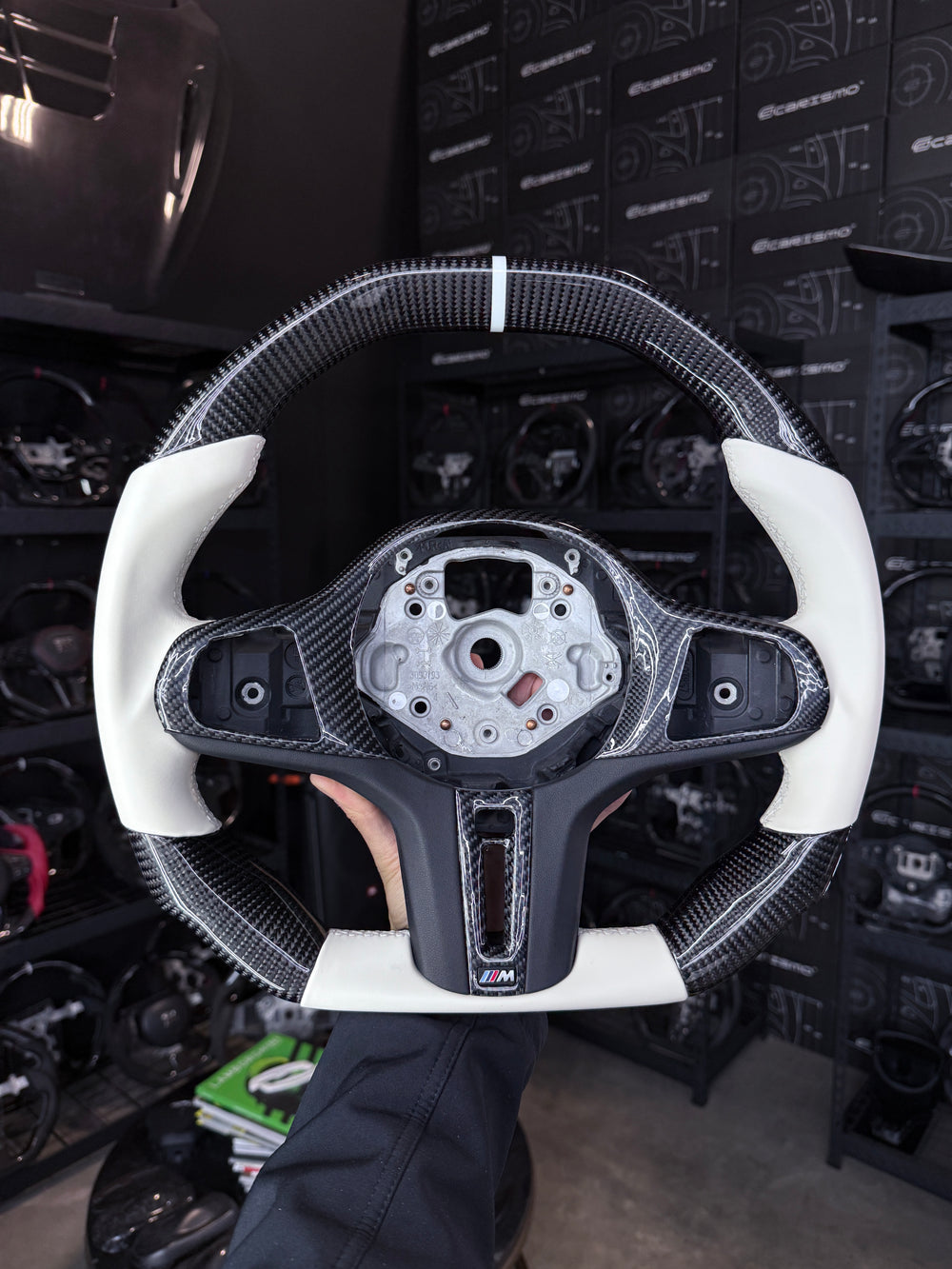 Carismo Steering Wheel For BMW G-Series (M Performance Wheel) - Signature - Gloss Carbon - White Smooth Leather - White