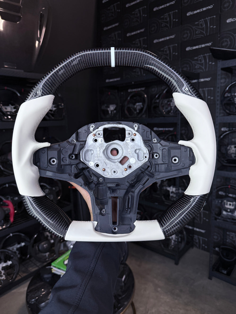 Carismo Steering Wheel For BMW G-Series (M Performance Wheel) - Signature - Gloss Carbon - White Smooth Leather - White