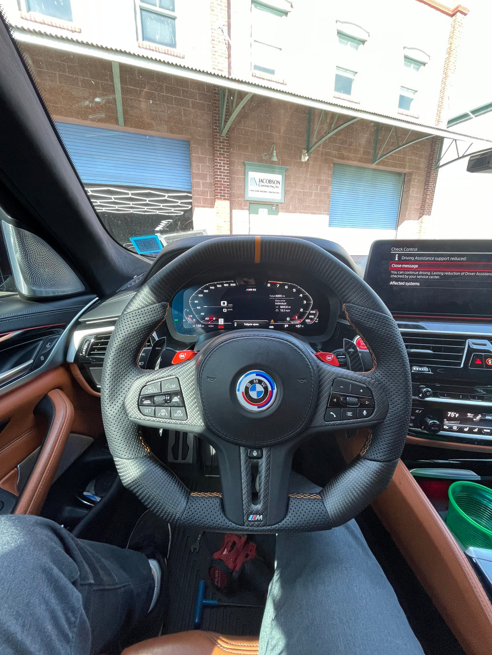 [Made to Order] BMW G-Series (M Performance Wheel) - Signature - Matte Carbon - Perforated Leather - Orange Stitching - Orange Stripe