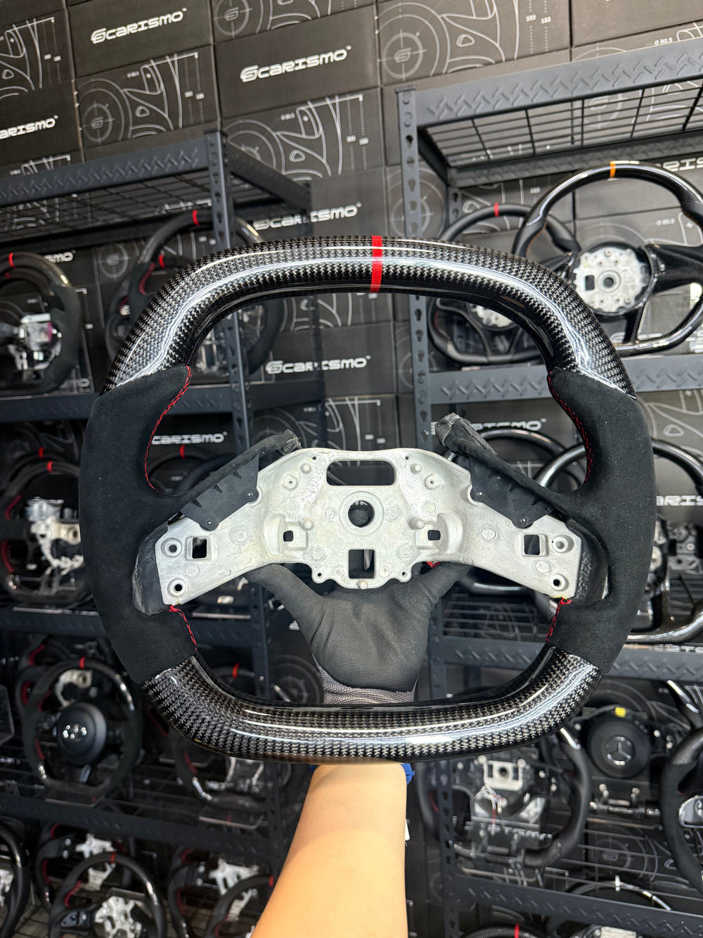 Carismo Steering Wheel For Chevrolet Corvette (C8) - Signature - Gloss Carbon - Alcantara - Red