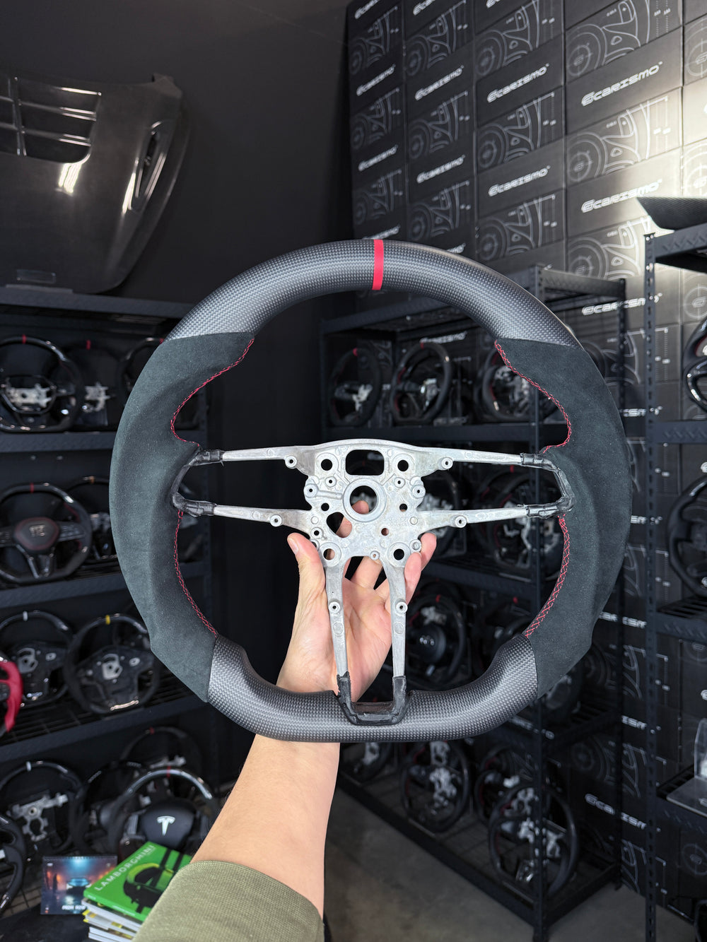 [Made to Order] Porsche (992.1 Wheel) - Sport - Matte Plain Carbon - Alcantara - Red Stitching - Red Stripe