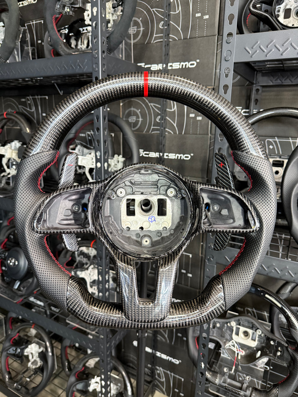 [Made to Order] Mercedes/AMG (2020 AMG Performance Wheel) - Sport - Gloss Carbon - Smooth Leather - Red Stitching - Red Stripe