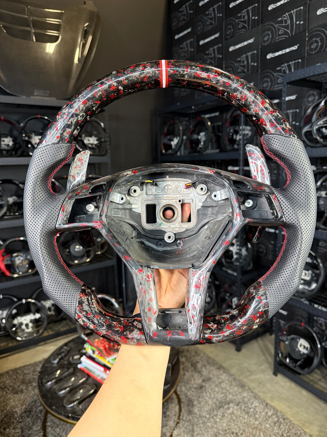 [Media/Test] Mercedes/AMG (2012 AMG Performance Wheel) - Sport - Gloss Forged Carbon with Red Flakes - Perforated Leather - Red Stitching - Red/White/Red Stripe (with Matching Trim and Paddles)