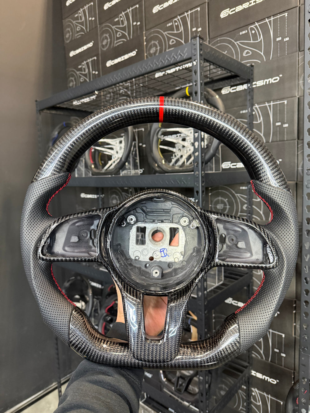 [Made to Order] Mercedes/AMG (2020 AMG Performance Wheel) - Sport - Gloss Carbon - Smooth Leather - Red Stitching - Red Stripe