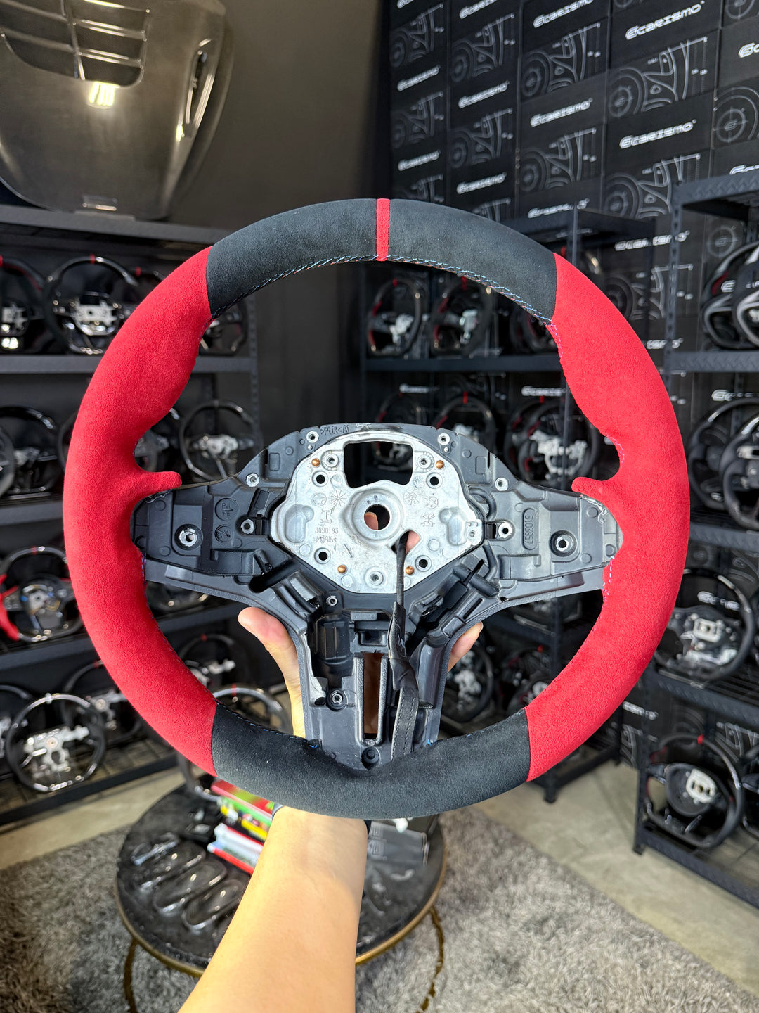 [Media/Test] BMW G-Series (M Performance Wheel) - OEM Shape - Full Alcantara - Red Alcantara Sides - BMW M Colors Stitching - Red Stripe (Heated)