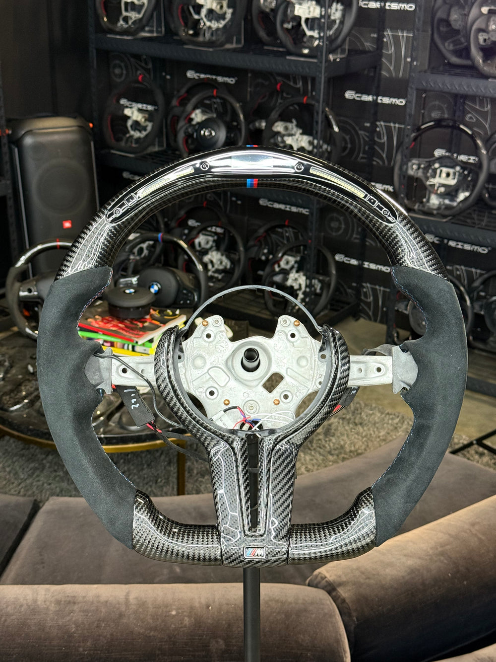 [Made to Order] BMW F-Series (M Performance Wheel) - Classic RPM LED - Gloss Carbon - Alcantara - White Stitching - White Stripe
