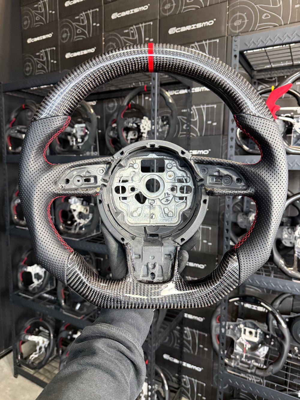 [Made to Order] Audi (C7 Wheel) - Sport - Gloss Carbon - Perforated Leather - Red Stitching - Red Stripe