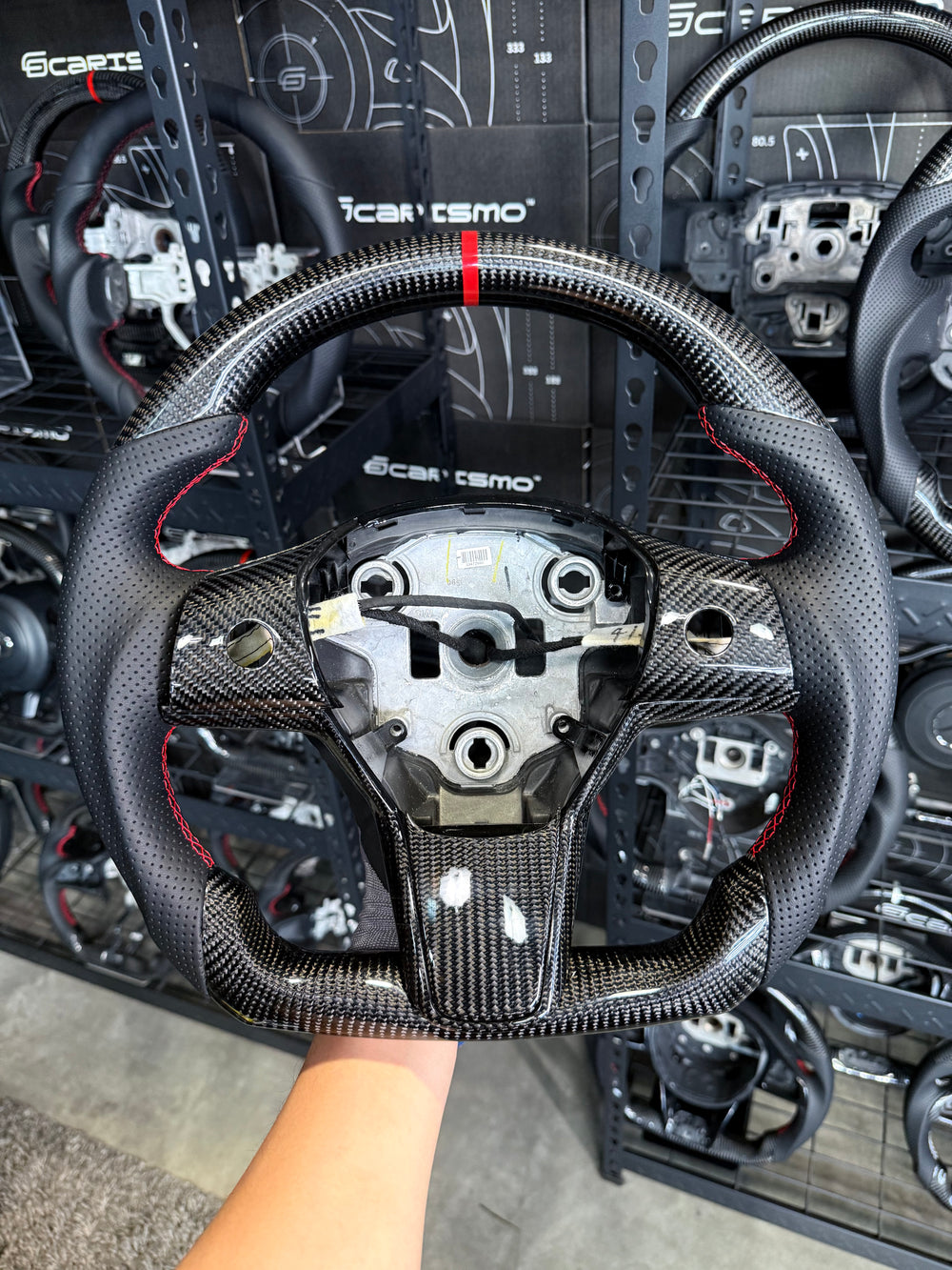 Carismo Steering Wheel For Tesla Model 3/Y - Sport (Heated) - Gloss Carbon - Perforated Leather - Red