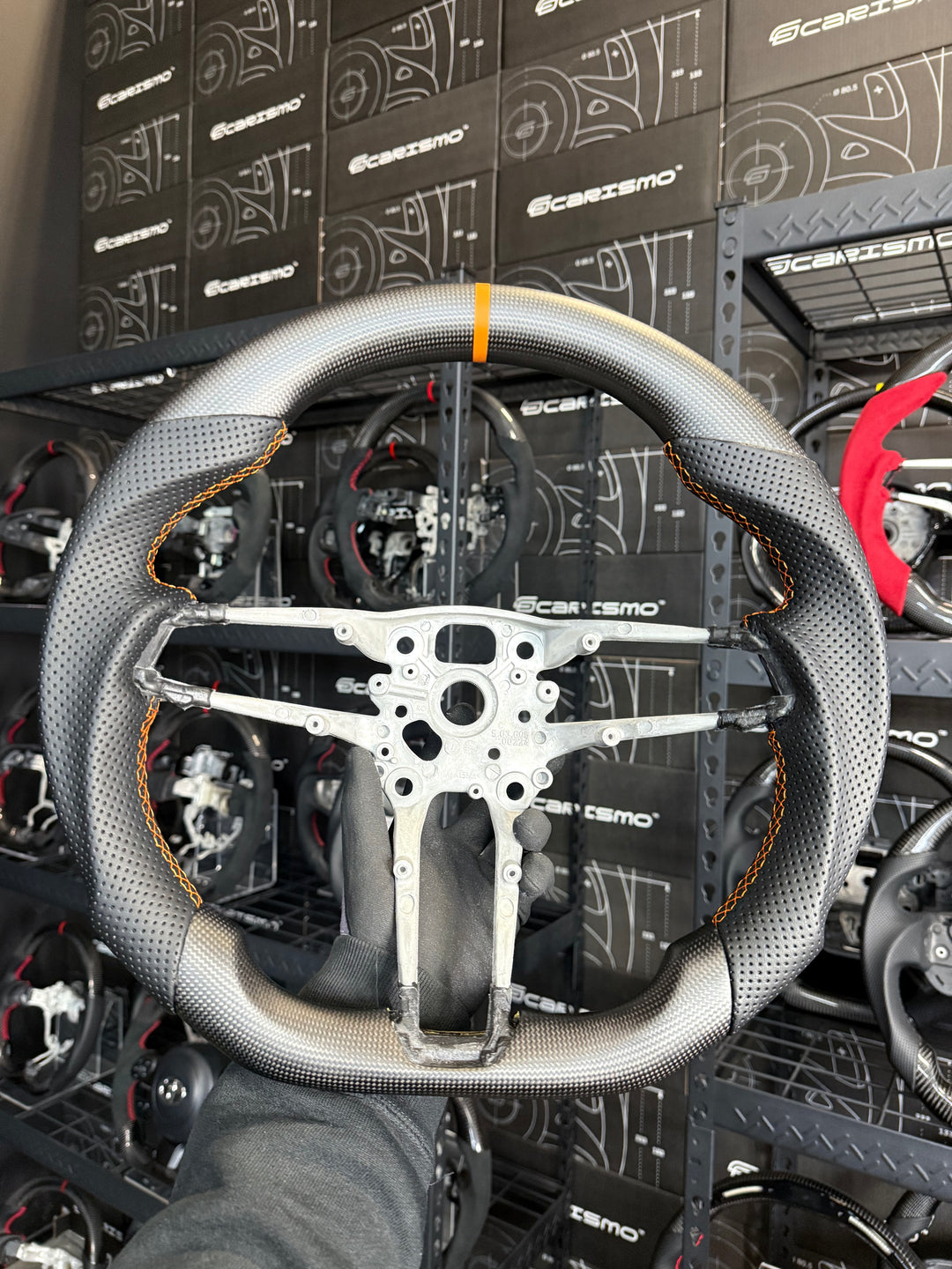 [Media/Test] Porsche (992.1 Wheel) - Sport - Matte Plain Carbon - Perforated Leather - Orange Stitching - Orange Stripe