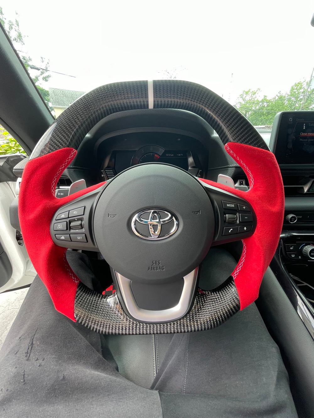 [Made to Order] Toyota Supra (MKV) - Signature - Gloss Carbon - Red Alcantara - White Stitching - White Stripe