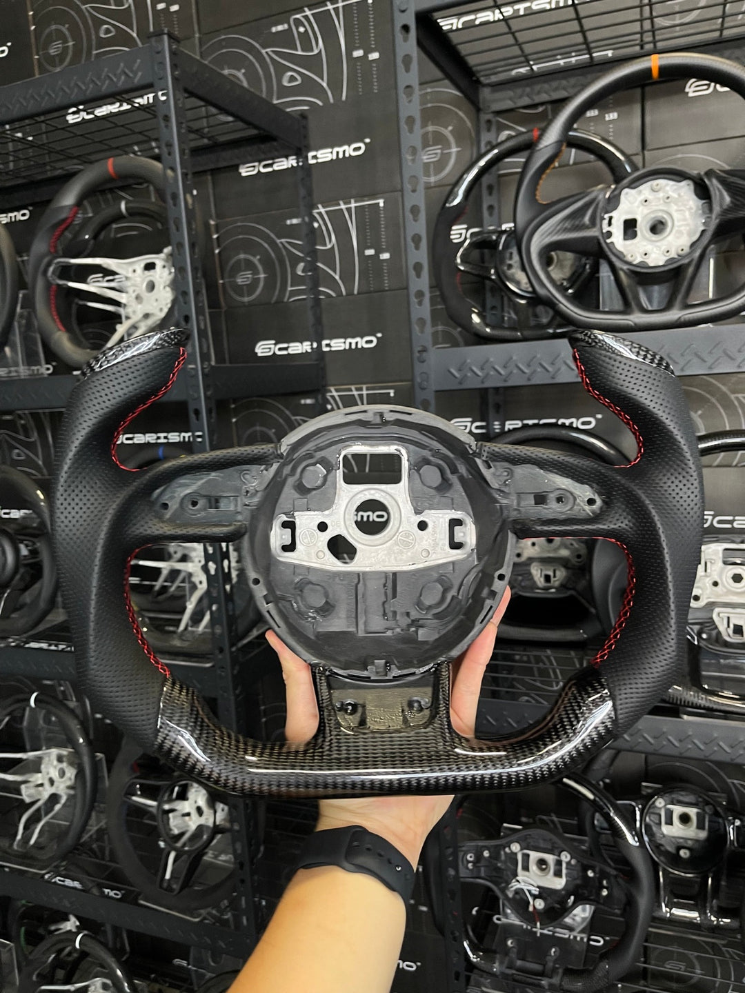 [Made to Order] Audi (B8.5 Wheel) - F1 Competition - Gloss Carbon - Perforated Leather - Red Stitching - No Stripe