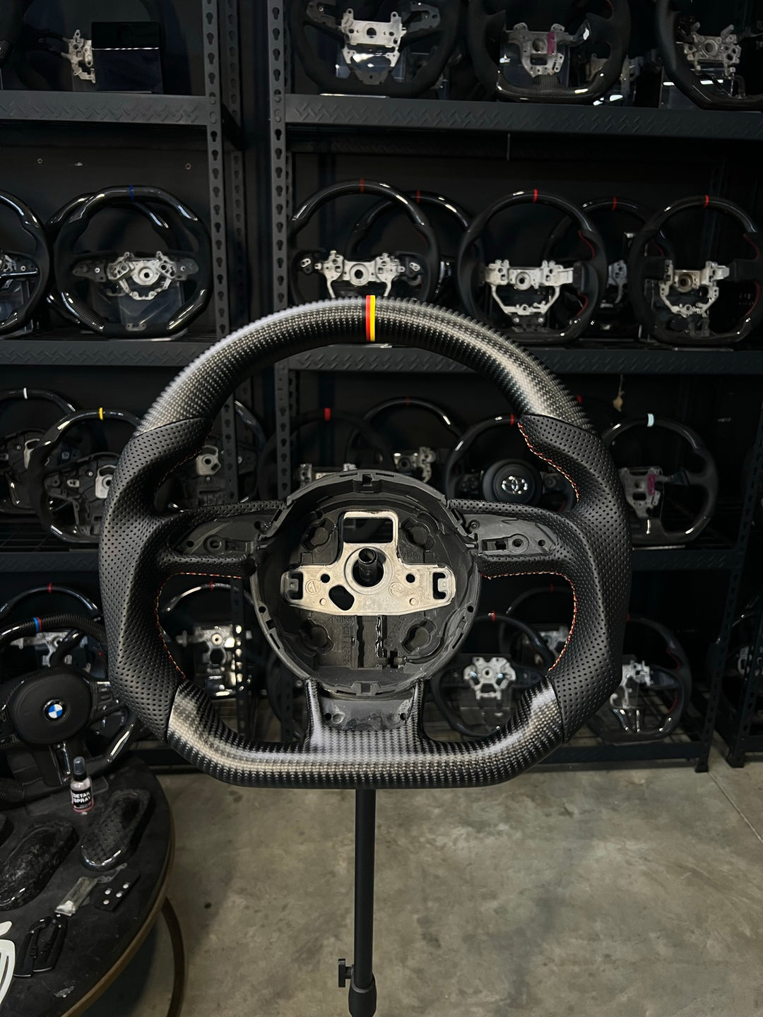 [Made to Order] Audi (B8.5 Wheel) - Sport - Matte Carbon - Perforated Leather - German Flag Colors Stitching - German Flag Colors Stripe