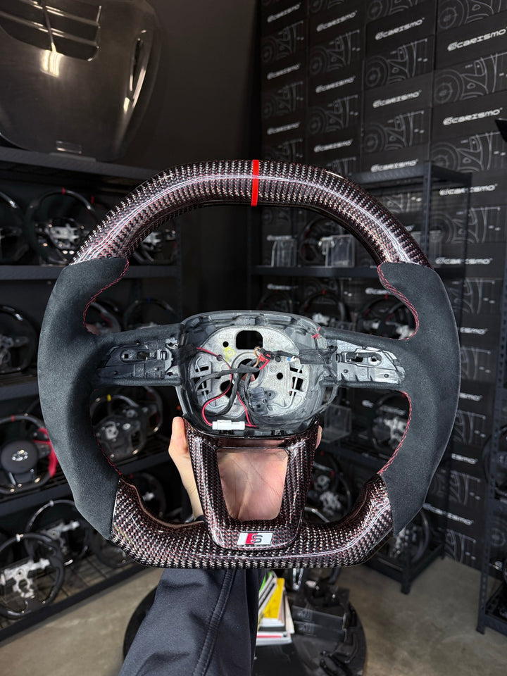 [Made to Order] Audi (B9.5 Wheel) - Signature - Gloss Carbon with Red Thread - Alcantara - Red Stitching - Red Stripe