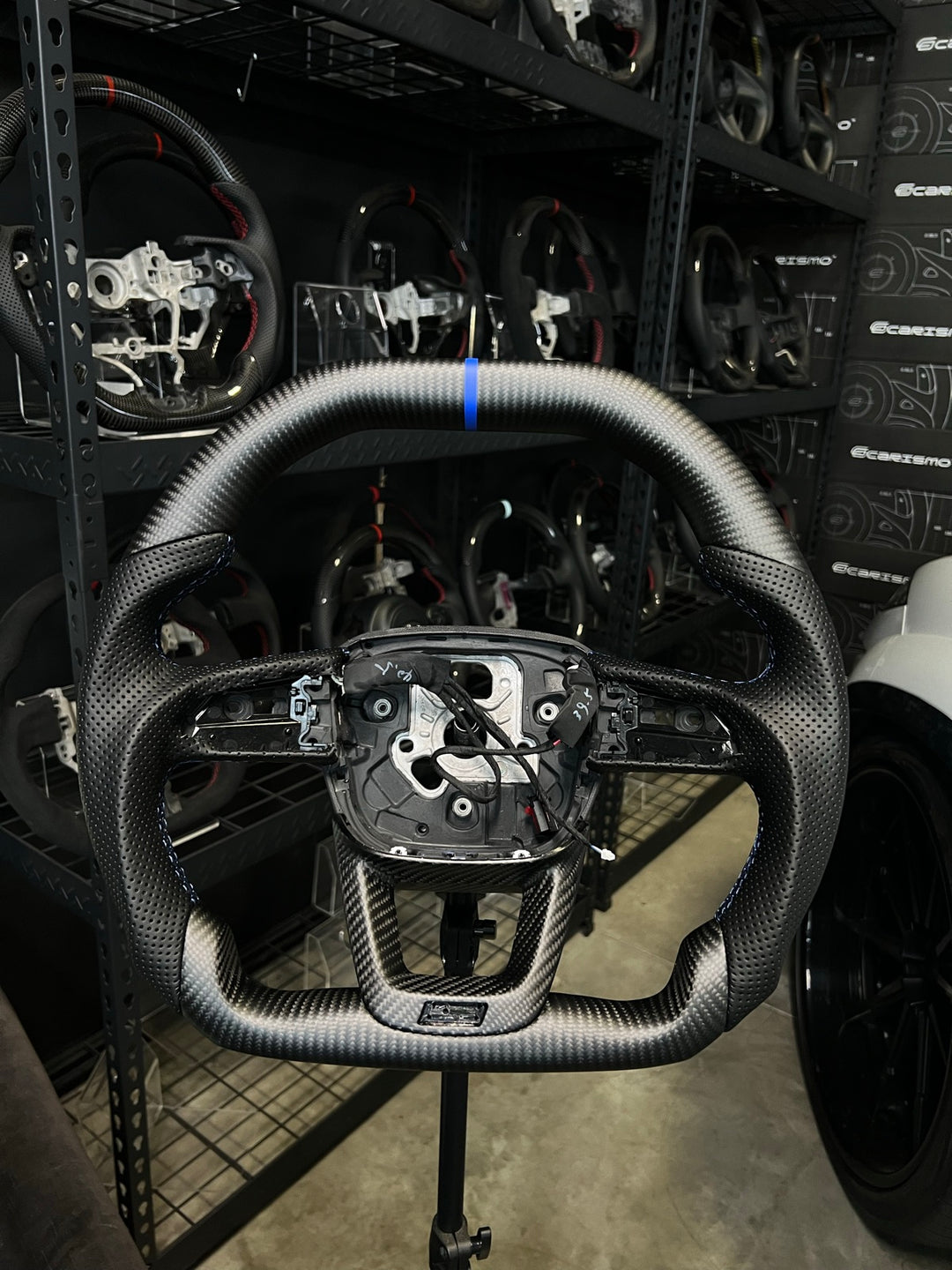 [Made to Order] Audi (B9.5 Wheel) - Signature - Matte Carbon - Perforated Leather - Blue Stitching - Blue Stripe