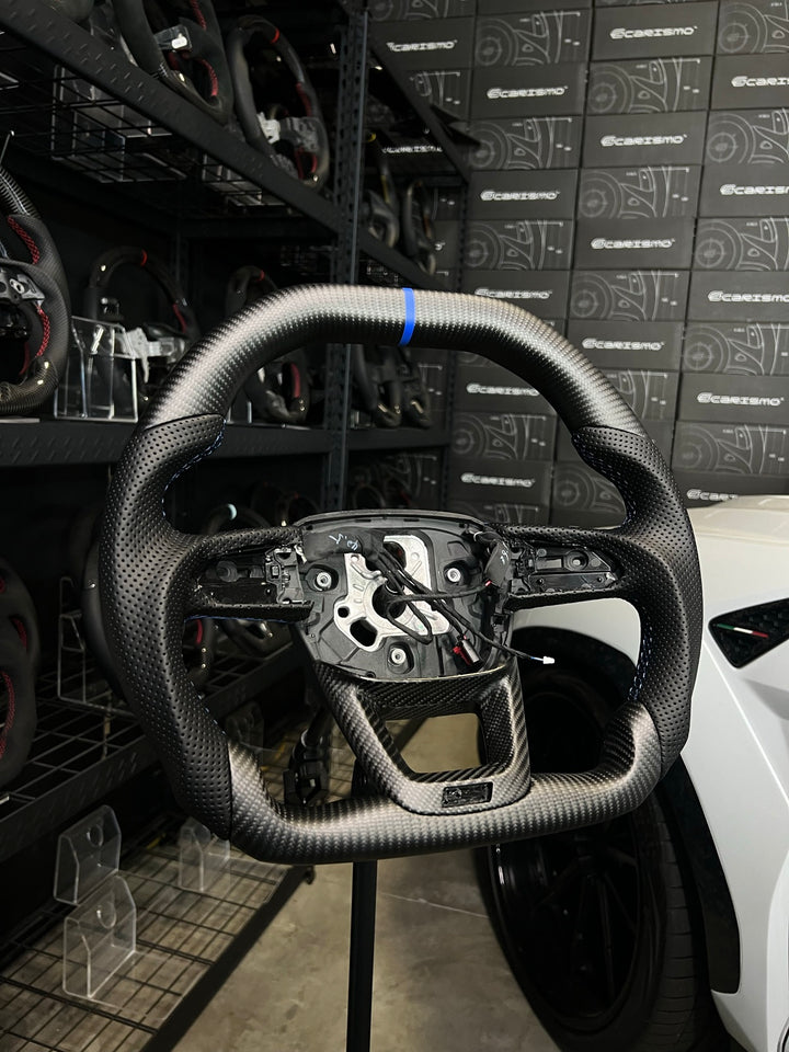 [Made to Order] Audi (B9.5 Wheel) - Signature - Matte Carbon - Perforated Leather - Blue Stitching - Blue Stripe