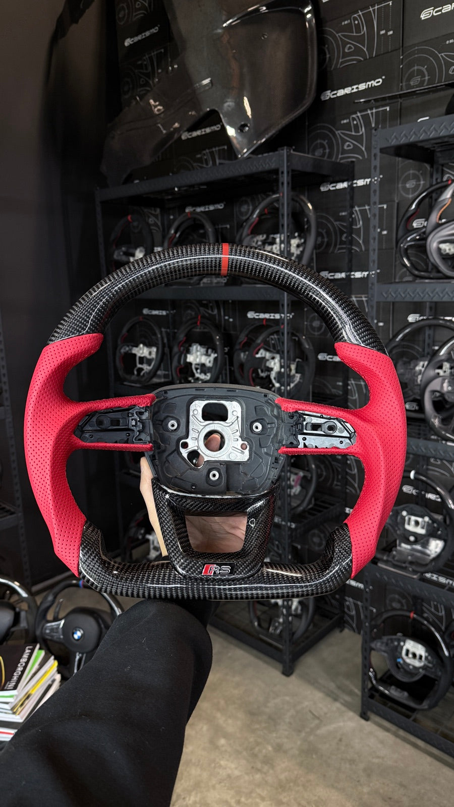 [Made to Order] Audi (B9.5 Wheel) - Sport - Gloss Carbon - Red Perforated Leather - Red Stitching - Red Stripe