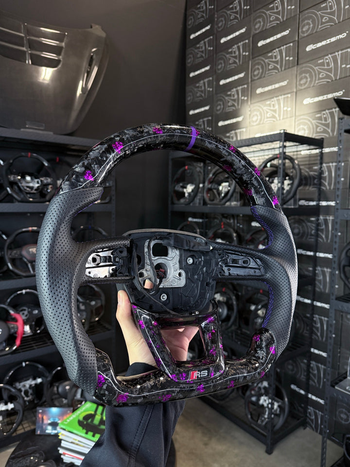 [Made to Order] Audi (B9.5 Wheel) - Sport - Gloss Forged Carbon with Purple Flakes - Perforated Leather - Purple Stitching - Purple Stripe