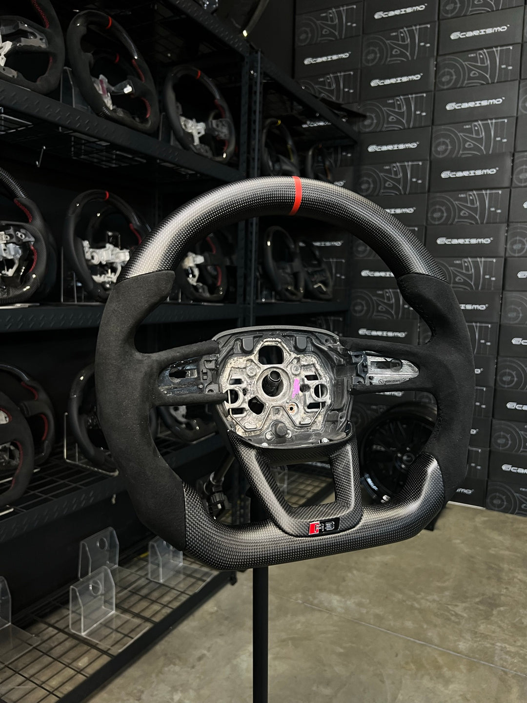[Made to Order] Audi (B9.5 Wheel) - Sport - Matte Plain Carbon - Alcantara - Black Stitching - Red Stripe