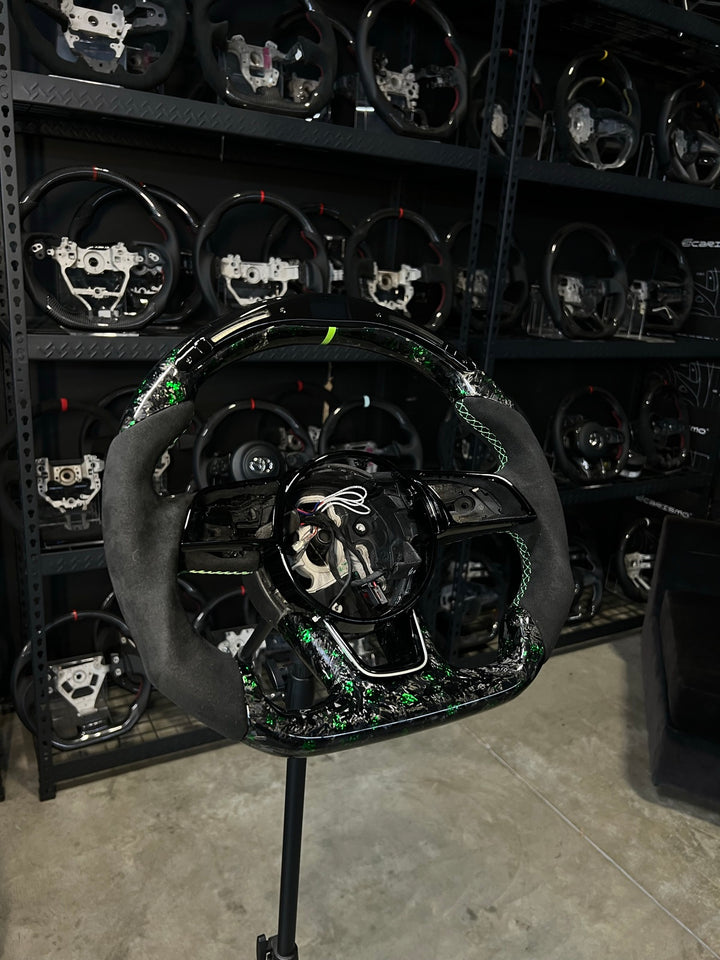 [Made to Order] Audi (B9 Wheel) - Classic RPM LED - Gloss Forged Carbon with Green Flakes - Alcantara - Green Stitching - Green Stripe