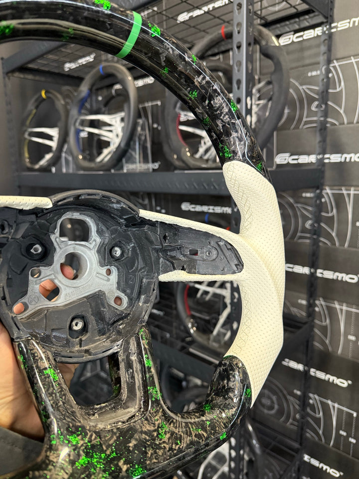 [Made to Order] Audi (B9 Wheel) - Sport - Gloss Forged Carbon with Green Flakes - Cream Perforated Leather - Cream Stitching - Green Stripe