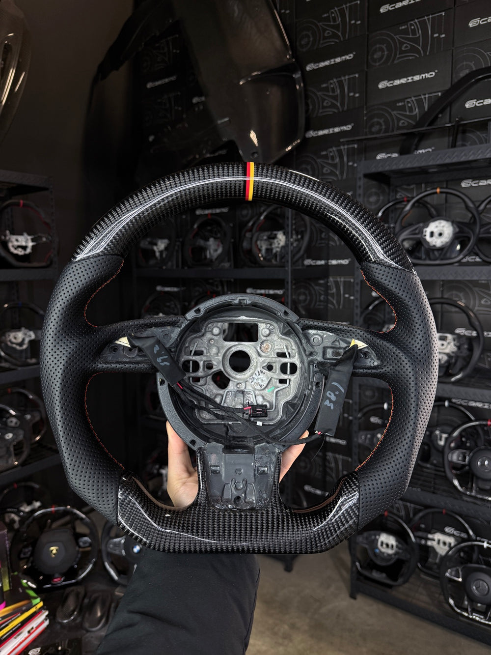 [Made to Order] Audi (C7 Wheel) - Sport - Gloss Carbon - Perforated Leather - German Flag Colors Stitching - German Flag Colors Stripe