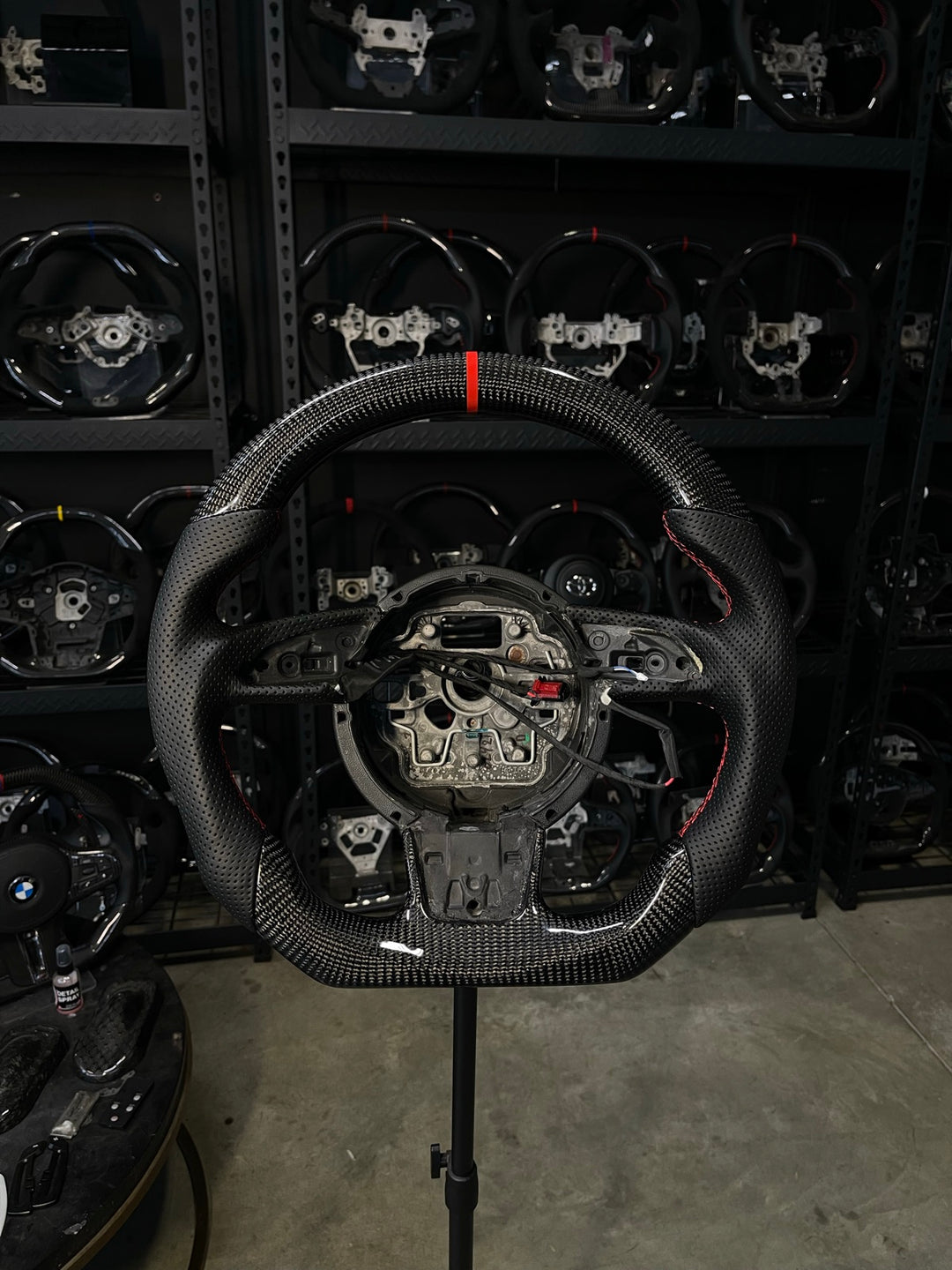 [Made to Order] Audi (C7 Wheel) - Sport - Gloss Carbon - Perforated Leather - Red Stitching - Red Stripe