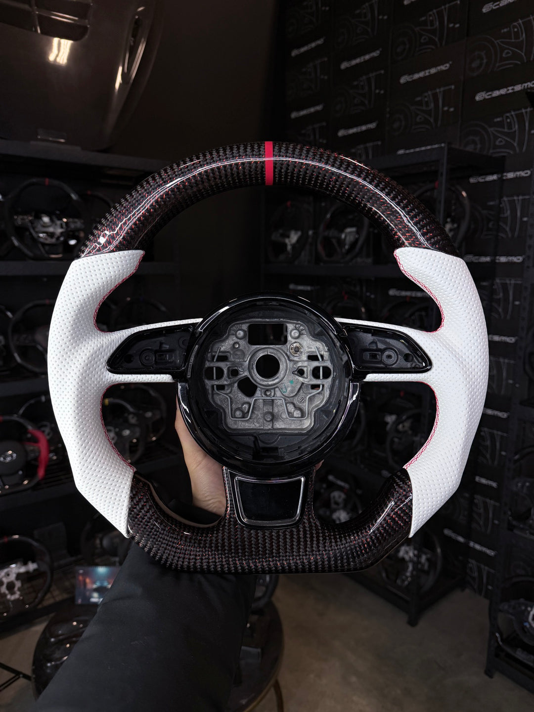 [Made to Order] Audi (C7 Wheel) - Sport - Gloss Carbon with Red Thread - White Perforated Leather - Red Stitching - Red Stripe