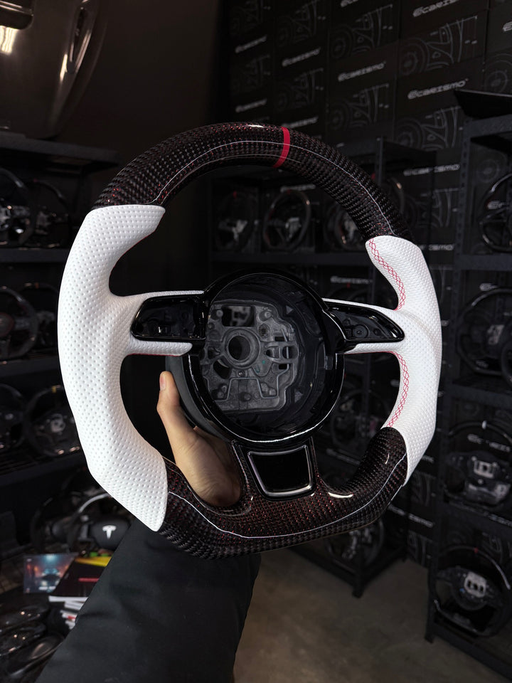[Made to Order] Audi (C7 Wheel) - Sport - Gloss Carbon with Red Thread - White Perforated Leather - Red Stitching - Red Stripe