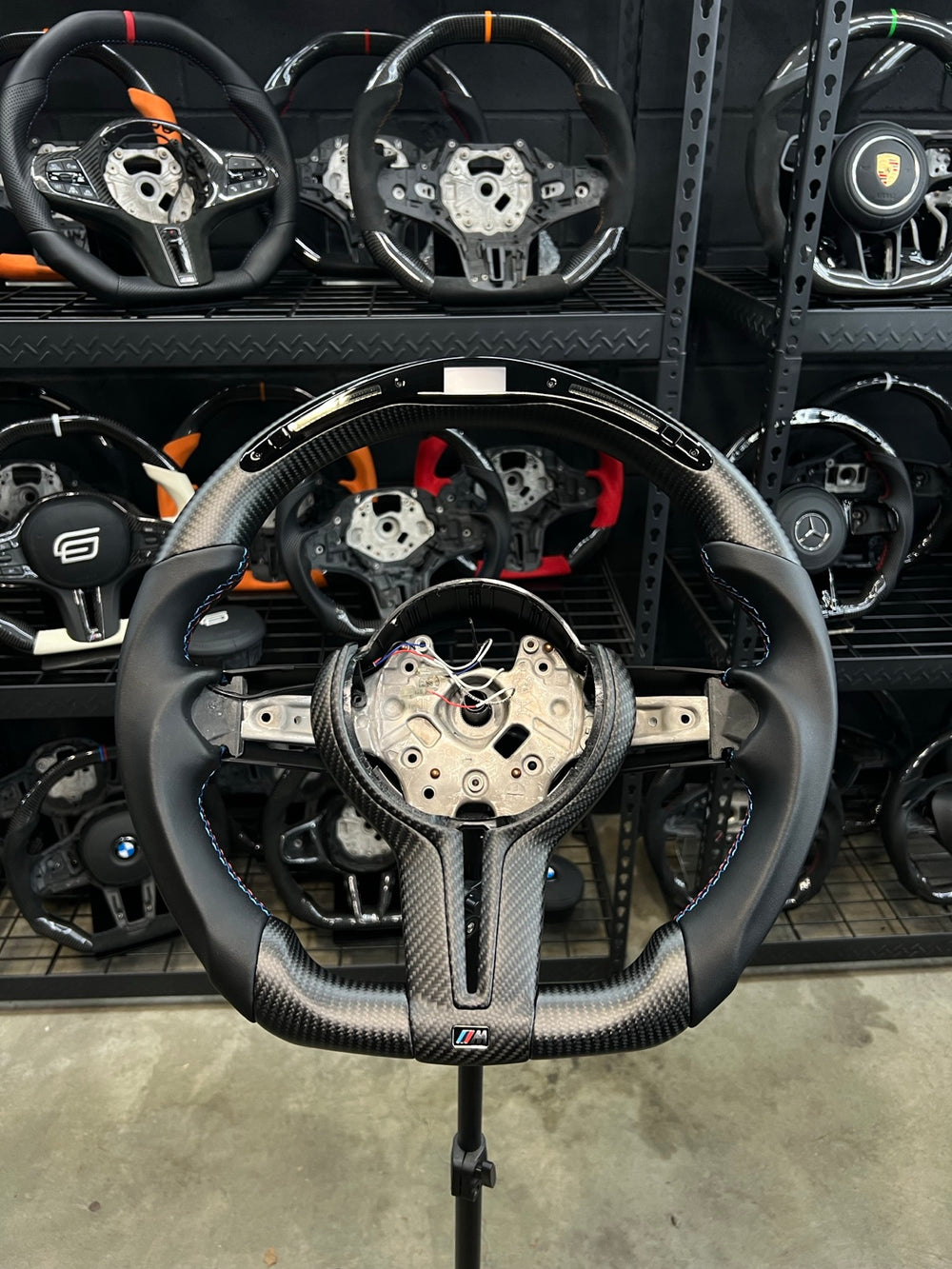[Made to Order] BMW F-Series (M Performance Wheel) - Classic RPM LED - Matte Carbon - Smooth Leather - BMW M Colors Stitching - No Stripe