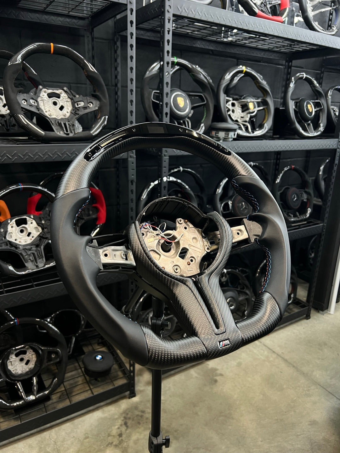 [Made to Order] BMW F-Series (M Performance Wheel) - Classic RPM LED - Matte Carbon - Smooth Leather - BMW M Colors Stitching - No Stripe