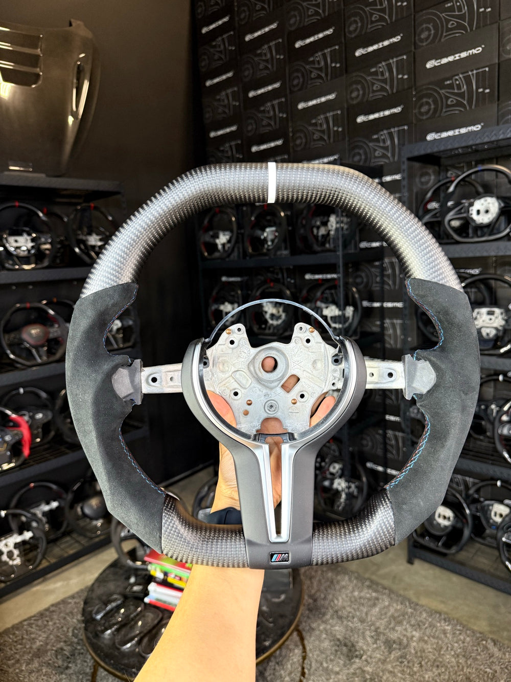 [Made to Order] BMW F-Series (M Performance Wheel) - Signature - Matte Carbon - Alcantara - BMW M Colors Stitching - White Stripe